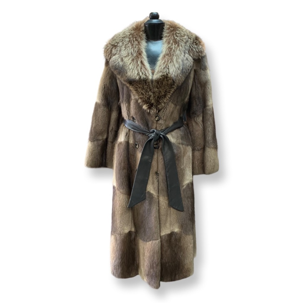 Genuine colorblock brown fur coat with leather belt